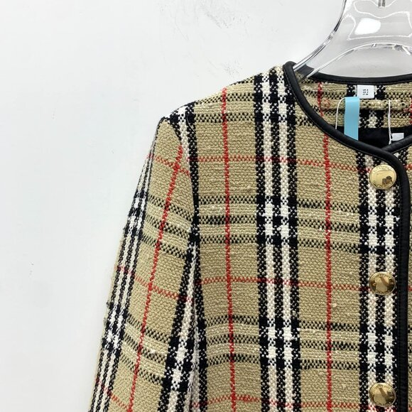 Burberry Plaid Tweed Jacket With Fringe Hem & Gold Buttons Womens Size S - Picture 4 of 8